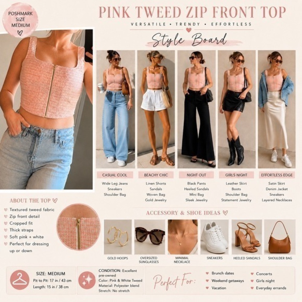 WAYF Pink Tweed Zip Front Crop Top Textured Smocked Back Size S - Picture 5 of 13